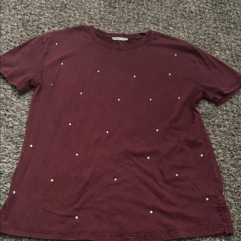 Women's Burgundy Short Sleeve Tee with Rhinestone Accents